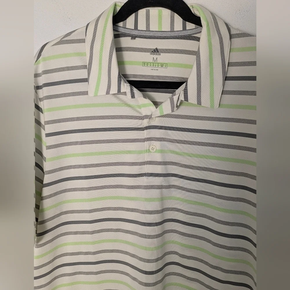 Adidas Golf Polo Shirt Mens Medium Casual White Green Striped Short Sleeve EUC